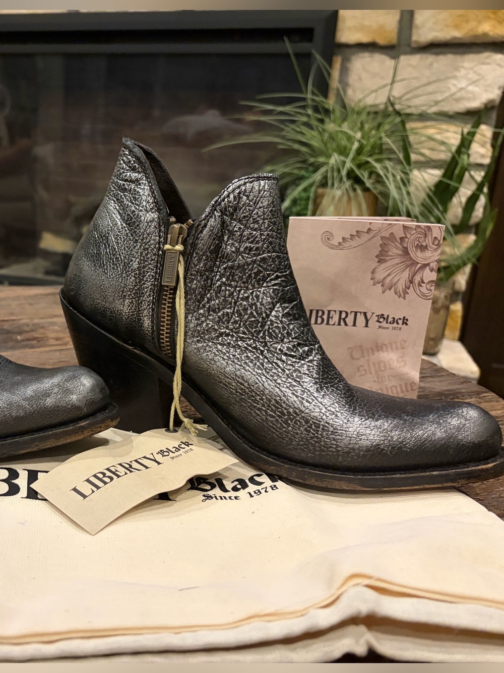 LIBERTY Black Metallic Black Leather Ankle Booties with Side Zip